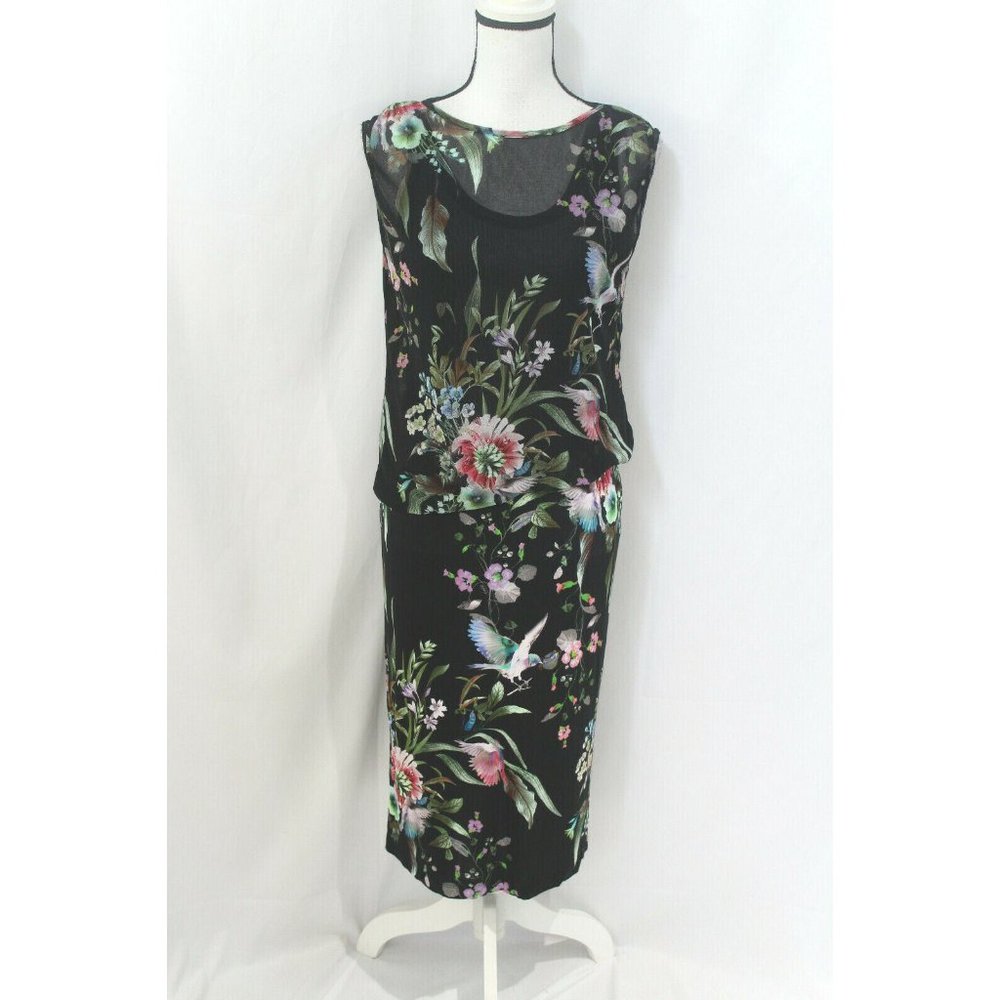 FUZZI $595 Womens Black Multicolor Floral Sleeveless Blouson Dress L NWT FLAW - Picture 2 of 8